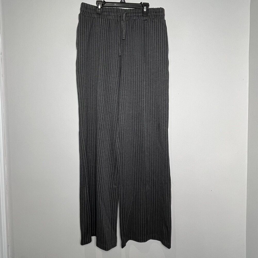 Carbon 38 Pants Women’s Large‎ Dark Gray Striped Pull On Wide Leg Trouser 31x32